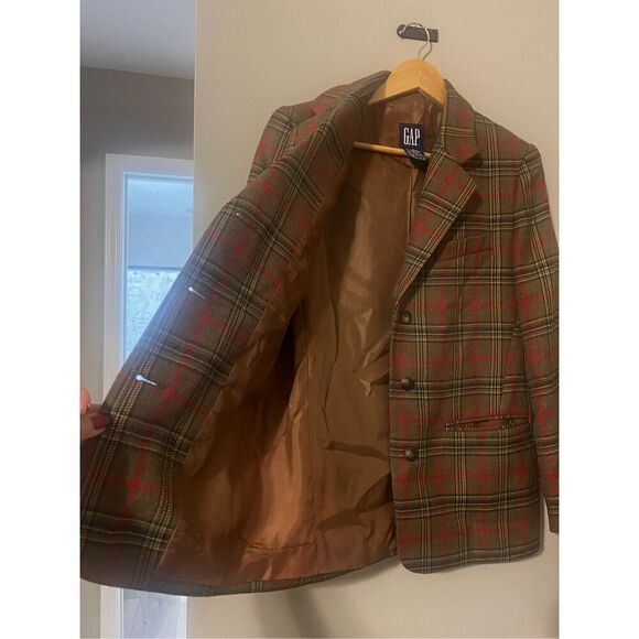 Gap Womens Size Small Wool Plaid Jacket Brown Red Green 3 Button Double Breasted - Picture 7 of 8